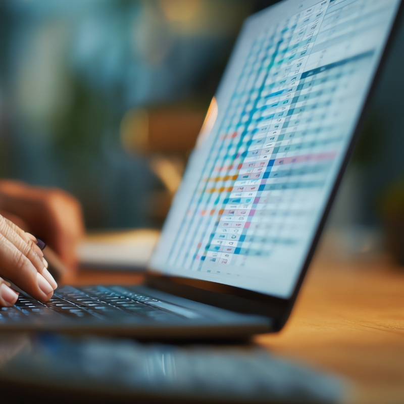 Tippende Hand auf dem Laptop mit der Oberfläche einer Datenmanagement-Software.