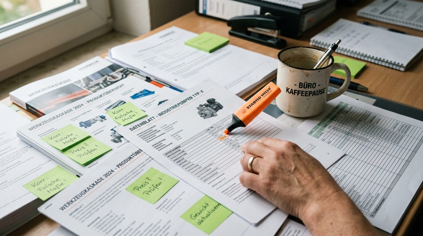 Produktdatenblätter und Kataloge auf einem Schreibtisch, Bestandsaufnahme der Datengrundlage vor einem PIM-Projekt