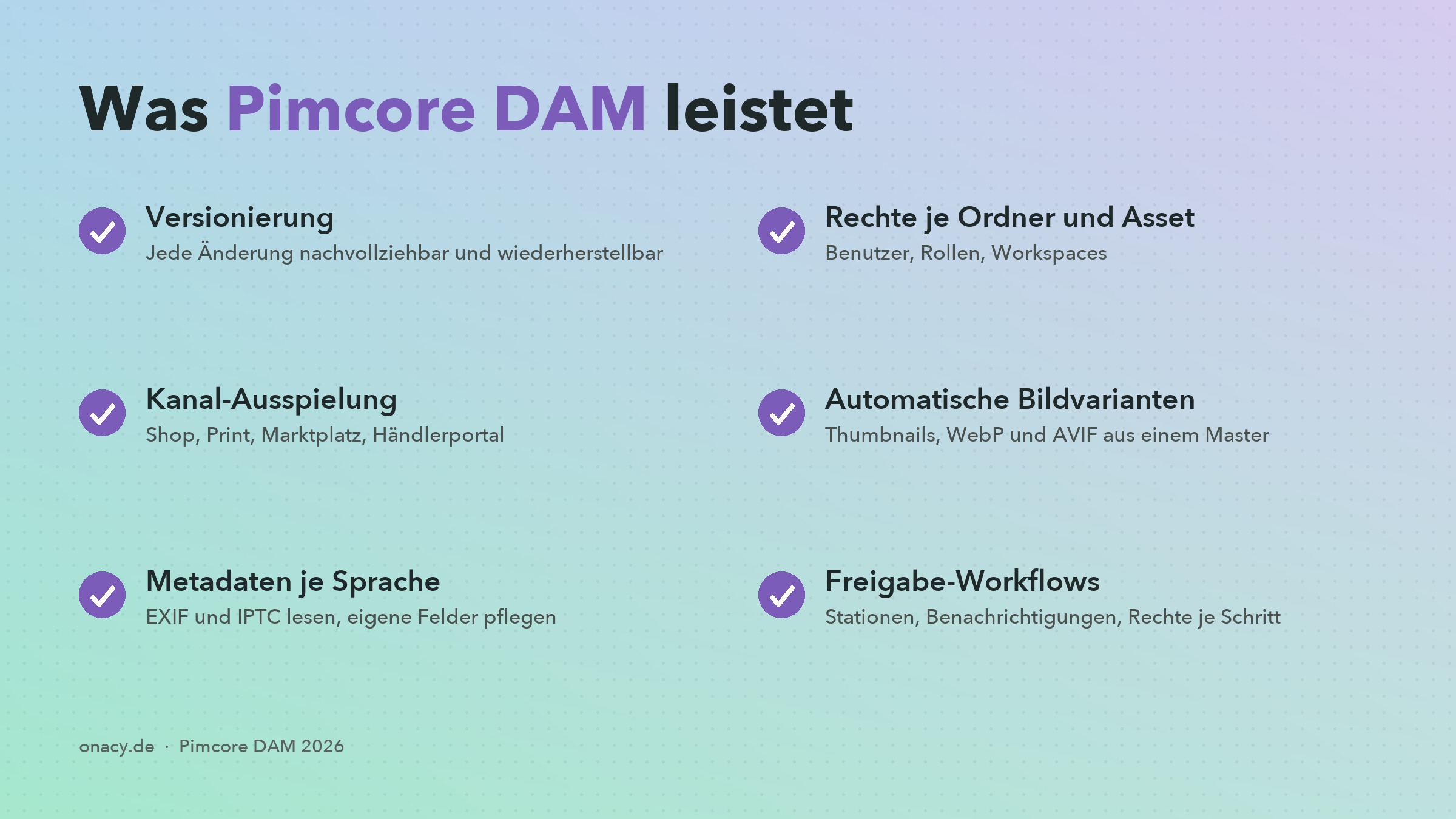 Was Pimcore DAM leistet: Versionierung, Rechte, Kanal-Ausspielung, Bildvarianten, Metadaten, Workflows